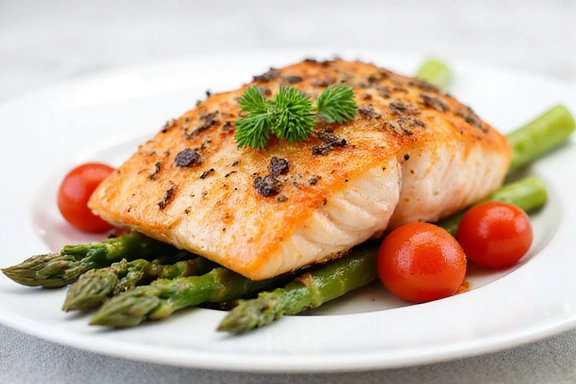 Immagine di un piatto di salmone al forno con verdure fresche